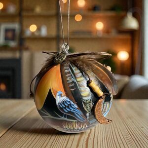 Dillards Trimmings Hand Painted Glass Fox Bird Ornament Feather Moon Star NIB